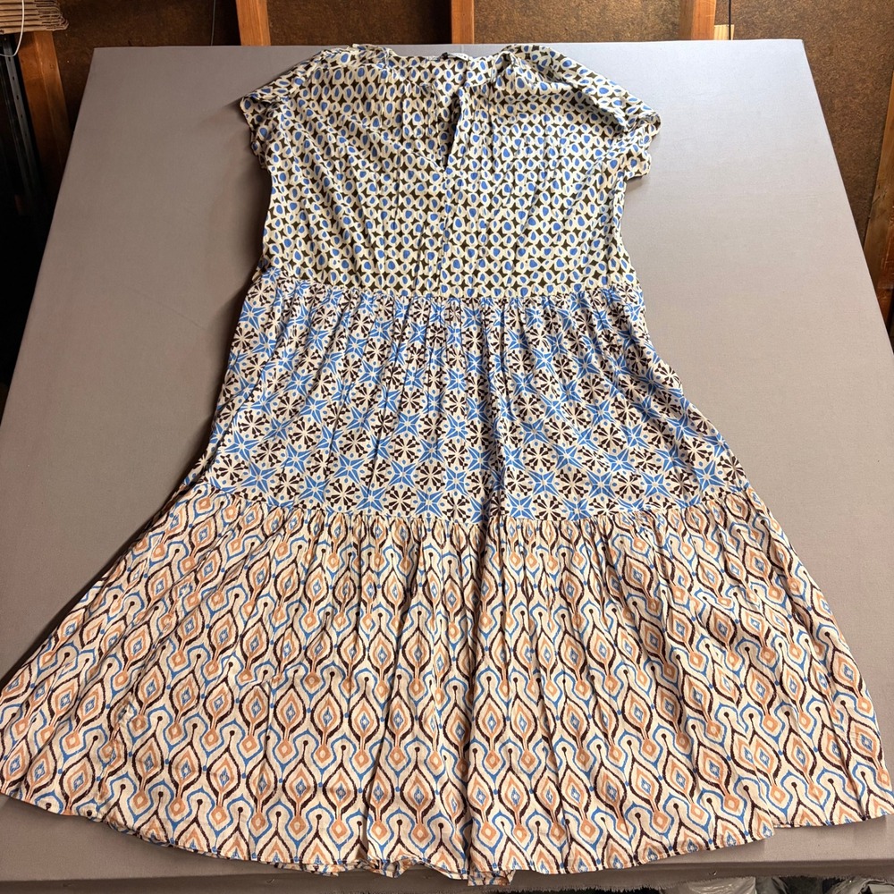 Zara Mixed Print Tiered Midi Dress Womens XL Blue Brown Geometric Boho NWT